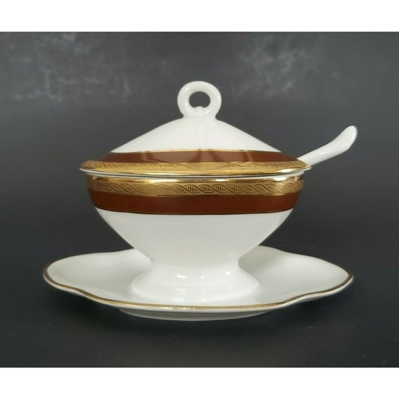 Richard Ginori Palmero Brown China Mustard Pot Tureen with Underplate & Spoon - Picture 4 of 12